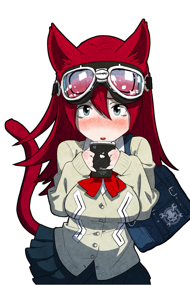 blush cat_ears copyright_request goggles goggles_on_head iphone phone product_placement red_hair redhead tail yellow_eyes yosshii
