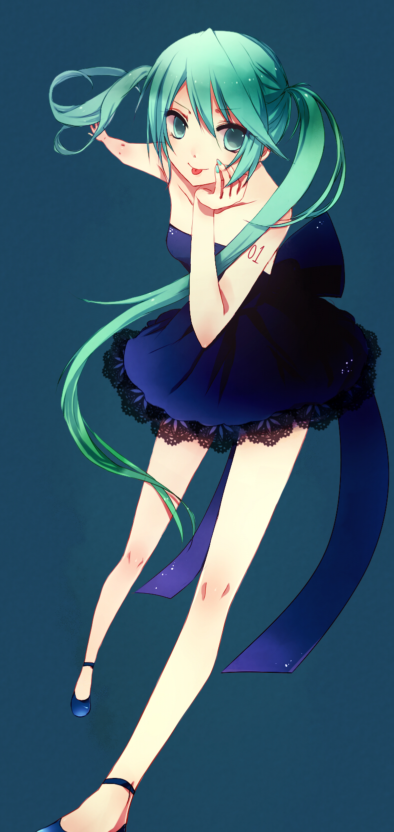 :p bad_id dress face foreshortening green_eyes green_hair hatsune_miku highres legs long_hair simple_background solo strapless_dress syutyou tongue twintails very_long_hair vocaloid