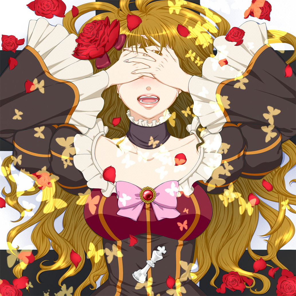 beatrice blonde_hair brooch chess_piece choker covering covering_eyes covering_face dress flower jewelry lips long_hair nonotan open_mouth petals red_rose rose rose_petals solo tears umineko_no_naku_koro_ni