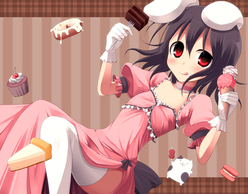 adapted_costume animal_ears brown_hair bunny_ears cake cherry cupcake doughnut flat_chest food fruit ice_cream inaba_tewi kujiran looking_at_viewer macaron pie rabbit_ears red_eyes short_hair thigh-highs thighhighs tongue touhou