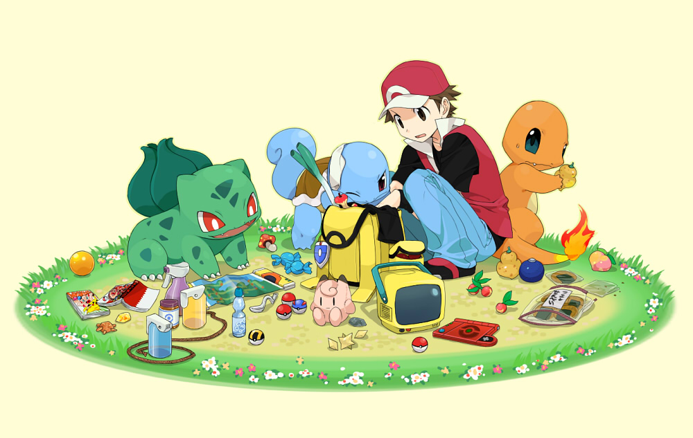 1boy agemono alternate_costume alternate_headwear annotated apple apple_core backpack bag baseball_cap berries berry berry_(pokemon) blue_eyes bottle brown_eyes brown_hair bulbasaur cameo candy charmander clafairy clefairy clefairy_(cameo) comic_book cookie doll evolutionary_stone fire fire_stone flower food footwear fruit grass great_ball hat jacket jeans kanto kanto_map lava_cookie leek magazine map max_revive moon_stone mushroom mysterious_candy open_bag open_mouth pants pikachu pikachu_(cameo) pocket_monsters_(manga) point_up_(pokemon) poke_ball poke_ball_theme poke_doll pokedex pokemon pokemon_(creature) pokemon_(game) pokemon_firered_and_leafgreen pokemon_frlg pokemon_pocket_monsters pokemon_rgby popped_collar potion potion_(pokemon) randoseru rare_candy red_(pokemon) red_(pokemon)_(remake) red_eyes revive rope shoes short_hair short_sleeves smile socks spoon spray spring_onion squatting squirtle stone stuffed_animal stuffed_toy sun_stone sweatdrop tail-tip_fire television ultra_ball vest vitamin_(pokemon) vs._seeker vs_seeker water_bottle wink