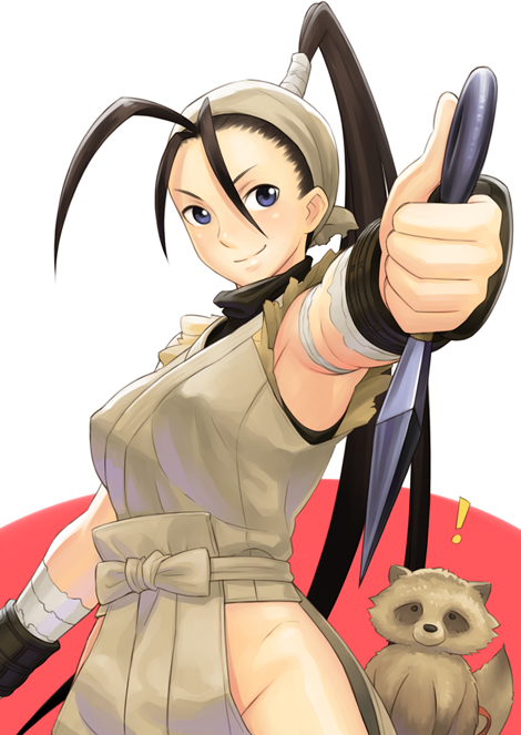 armpits black_hair blue_eyes capcom don_(street_fighter) fingerless_gloves gloves ibuki iyokawa kunai ninja ponytail raccoon street_fighter tanuki weapon