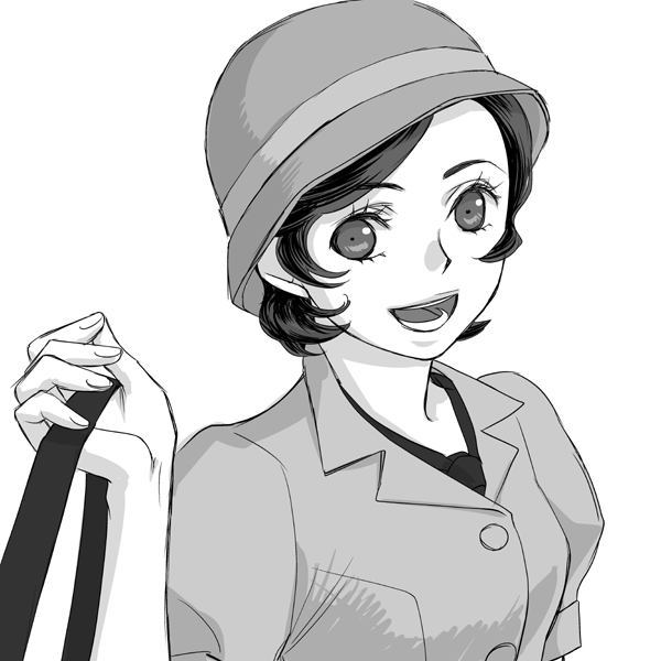 bad_id cloche_hat devil_summoner flapper_girl hat monochrome short_hair smile solo syri