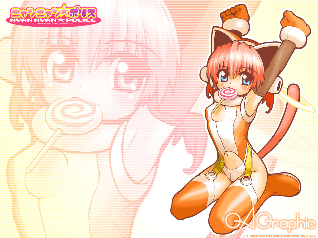 airi_cosmos animal_ears armpits bare_shoulders blue_eyes blush bodysuit boots candy cat_ears cat_tail catgirl elbow_gloves fake_animal_ears gagraphic garter_straps gloves itokatsu lollipop mouth_hold nyan_nyan_police orange_legwear red_hair short_hair solo swirl_lollipop tail thigh_boots thighhighs wallpaper zoom_layer