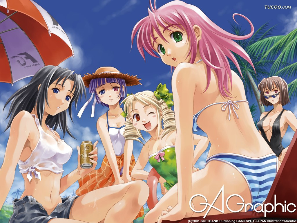 beach beer bikini black_hair blonde_hair blue_eyes bow breasts brown_hair camisole drill_hair felice felicia_yuri_benety flat_chest formula_gear gagraphic green_eyes hair_ribbon hat heterochromia innertube looking_back maruto maruto! midriff multiple_girls open_fly open_mouth outdoors parasol pink_hair purple_eyes purple_hair red_eyes ribbon sarong see-through short_hair shorts sideboob sitting sky straw_hat striped striped_bikini striped_swimsuit sweatdrop swimsuit umbrella unzipped wallpaper watermark wink yebisu