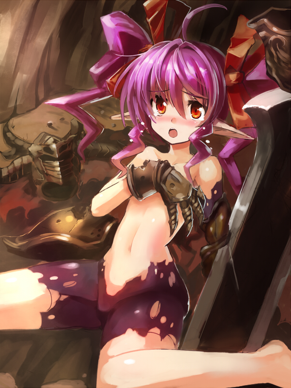 1girl armor bare_shoulders blush covering covering_one_breast edobox gauntlets hair_ribbon helmet huge_weapon midriff navel original pauldrons pink_hair pointy_ears red_eyes ribbon sitting solo sword tears torn_clothes twintails weapon