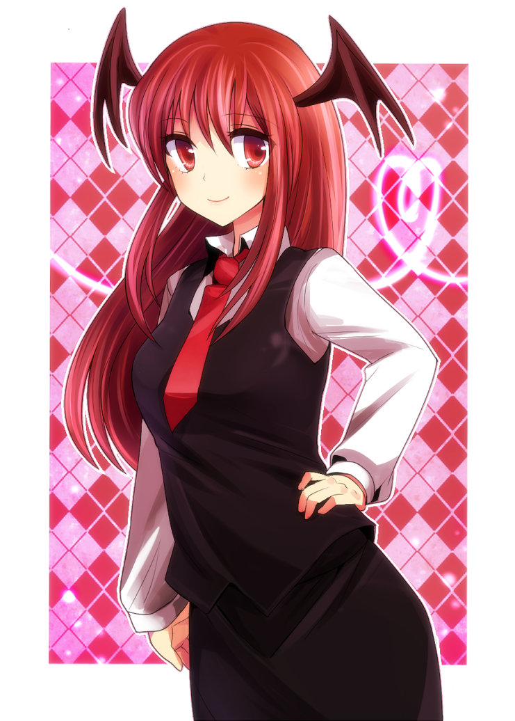 bad_id bat_wings checkered checkered_background dress_shirt eyelashes hand_on_hip head_wings heart heart_of_string koakuma kohaku. long_hair long_sleeves necktie payot red_eyes red_hair redhead shirt skirt smile solo the_embodiment_of_scarlet_devil touhou vest wings