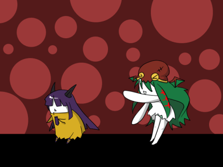 animated animated_gif chibi cthulhu dancing gif green_hair hair_over_eyes hastur lovecraft lowres personification purple_hair