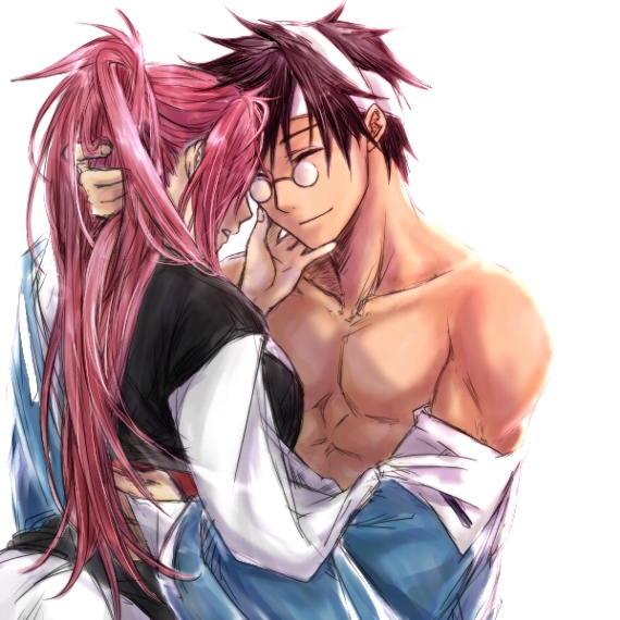 1girl ahomira amputee anji_mito baiken brown_hair couple glasses guilty_gear hug japanese_clothes kimono long_hair pink_hair ponytail shirtless smile teeth