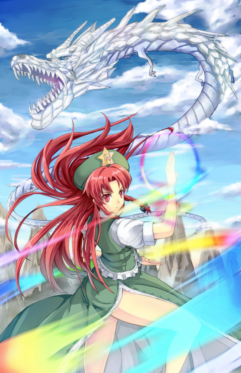 chinese_clothes dragon ex-meiling fighting_stance gin'ichi_(akacia) gin'ichi_(akacia) hat highres hong_meiling legs long_hair mountain red_eyes side_slit solo touhou