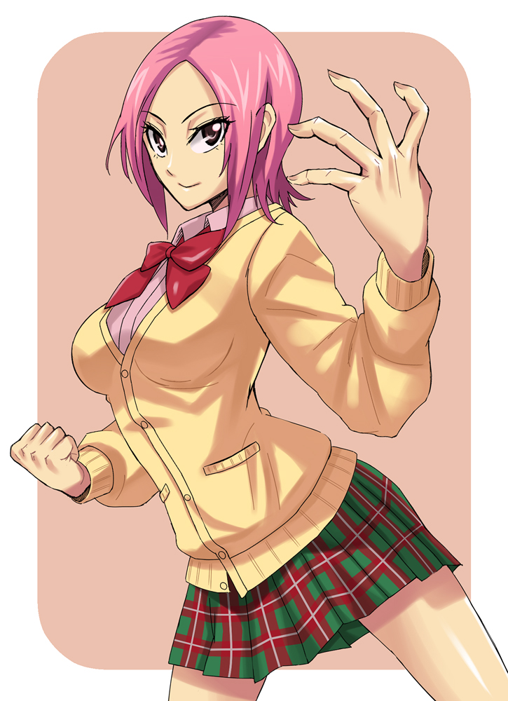 binbougami_ga! cardigan clenched_hand fighting_stance fist gogochi pink_hair plaid plaid_skirt rindou_ranmaru school_uniform short_hair skirt solo