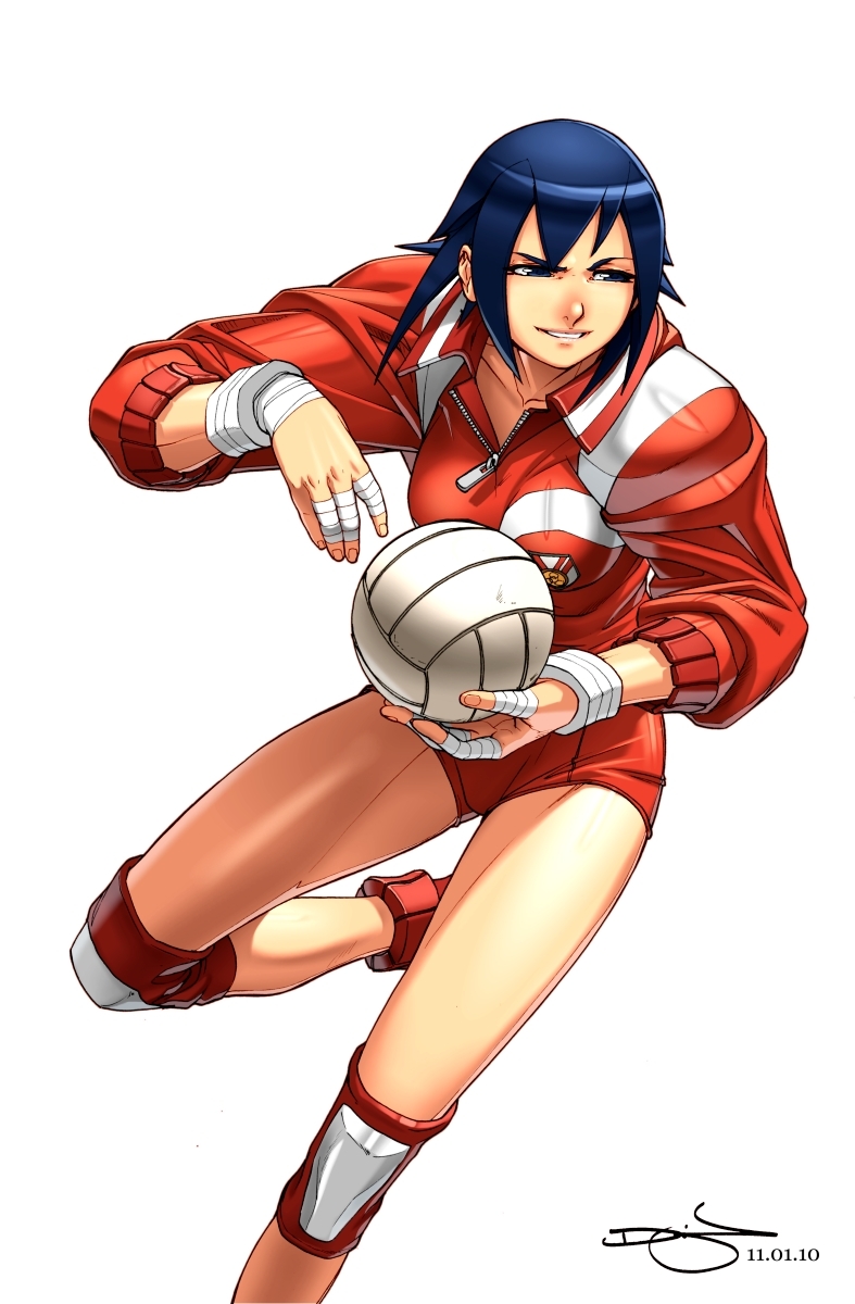 blue_hair capcom highres justice_gakuen knee_pads omar_dogan rival_schools signature sleeves_pushed_up volleyball