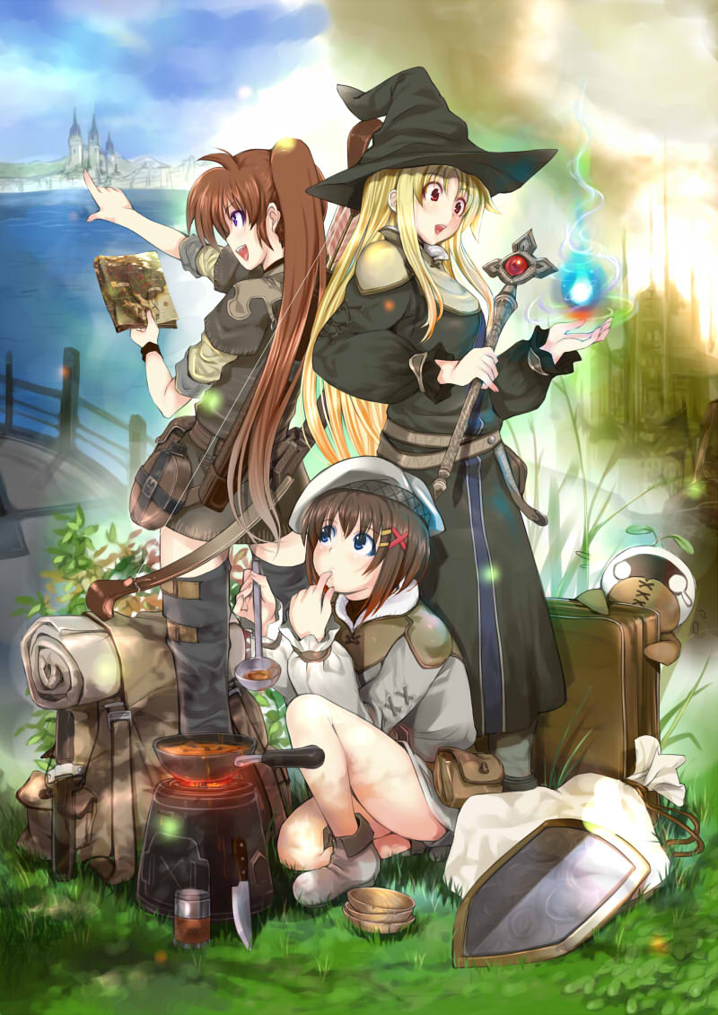 blonde_hair brown_hair cosplay crossover fantasy fate_testarossa final_fantasy final_fantasy_xiv hat jpeg_artifacts lyrical_nanoha mahou_shoujo_lyrical_nanoha mahou_shoujo_lyrical_nanoha_strikers mandragora mandragora_(final_fantasy) mikazuki_akira! multiple_girls takamachi_nanoha wand weapon witch_hat yagami_hayate