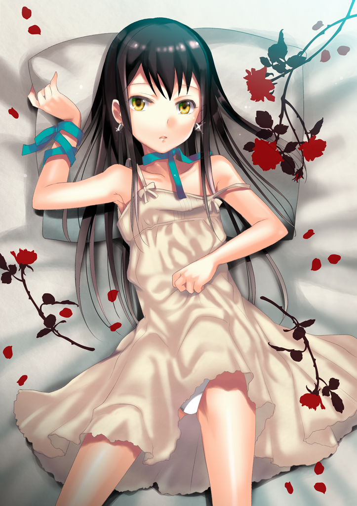 bad_id bed black_hair cross dress earrings flat_chest flower jewelry koga_norio long_hair lying male narutaru open_mouth panties pantyshot pantyshot_(lying) petals pillow red_rose ribbon rose rose_petals solo strap_slip trap udk underwear white_panties yellow_eyes