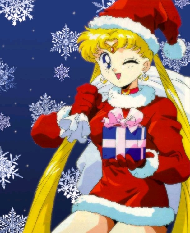 bishoujo_senshi_sailor_moon blonde_hair blue_eyes christmas gloves holiday legs present santa_costume santa_hat smile tsukino_usagi wink
