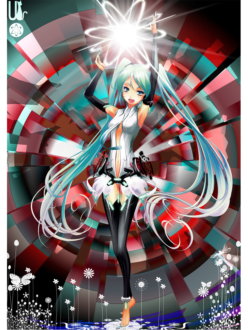 anklet aqua_eyes aqua_hair bad_id barefoot bridal_gauntlets elbow_gloves fingerless_gloves gloves hatsune_miku hatsune_miku_(append) jewelry long_hair miku_append navel necktie smile solo thigh-highs thighhighs toeless_socks twintails ui ui_(fuugetsuin) unidentified_flying_girl very_long_hair vocaloid vocaloid_append zettai_ryouiki