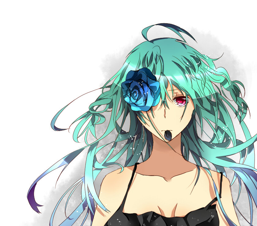 aqua_hair bad_id blue_rose bust curly_hair flower hair_over_one_eye hatsune_miku long_hair petals red_eyes rose solo tatsumi3 vocaloid