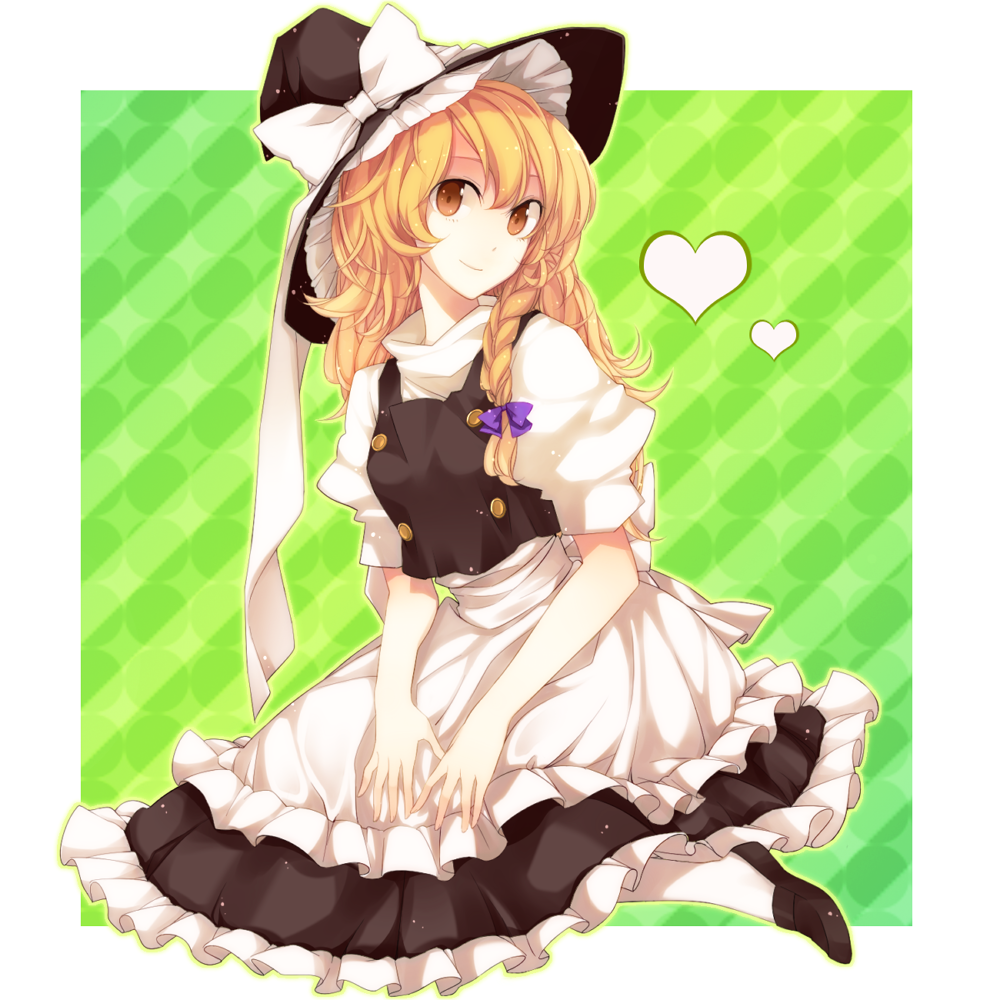 apron aristocrat-y blonde_hair braid buttons face frills hands hat heart homura_(aristocrat-y) kirisame_marisa looking_at_viewer orange_eyes puffy_sleeves ruffles side_braid sitting smile solo touhou turtleneck waist_apron witch witch_hat