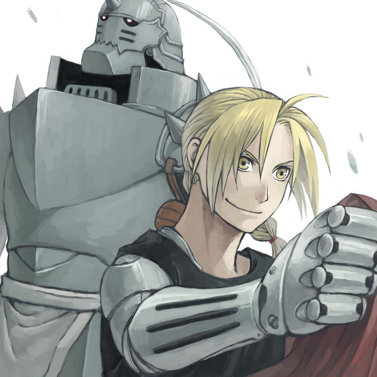 armor blonde_hair braid brothers edward_elric fullmetal_alchemist mukuo ponytail siblings simple_background smile yellow_eyes