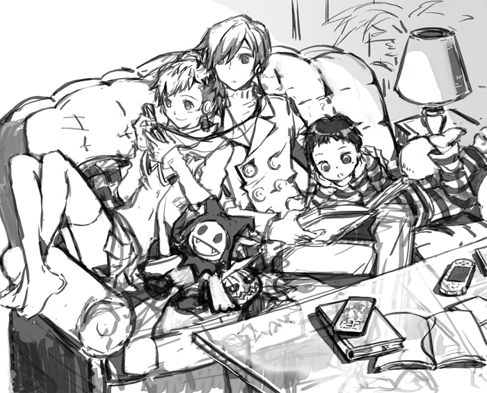 2boys arisato_minato book casual couch crossed_ankles female_protagonist_(persona_3) jack_frost lovechro monochrome multiple_boys persona persona_3 persona_3_portable pharos playstation_portable pyro_jack shared_headphones thighhighs