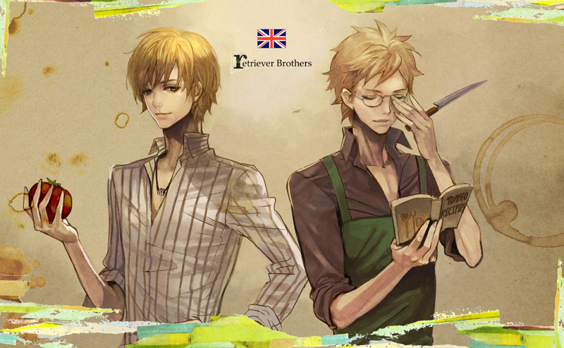 agasang apron blonde_hair book closed_eyes eyes_closed knife male multiple_boys open_book original personification shirt short_hair striped striped_shirt