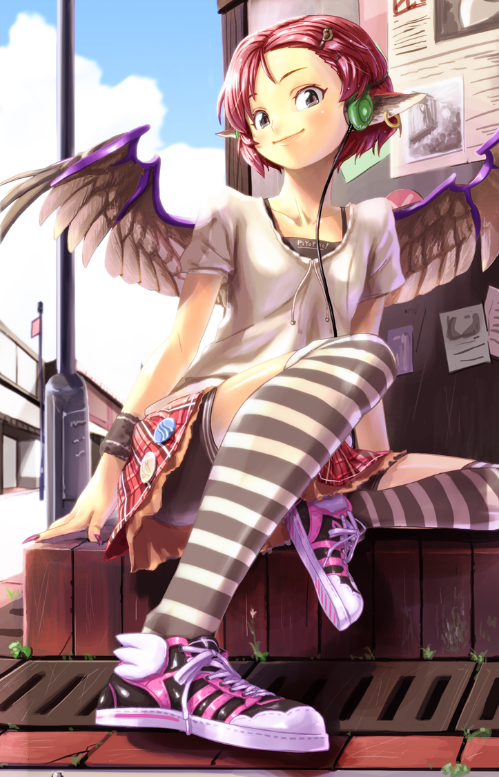 alternate_costume alternate_hairstyle animal_ears bad_id black_eyes brown_eyes casual contemporary earrings face fingernails hair_ornament hairclip headphones jewelry long_fingernails looking_at_viewer mystia_lorelei nail_polish pink_hair shiba_itsuki shoes sitting skirt smile sneakers solo striped striped_legwear striped_thighhighs thigh-highs thighhighs touhou wings