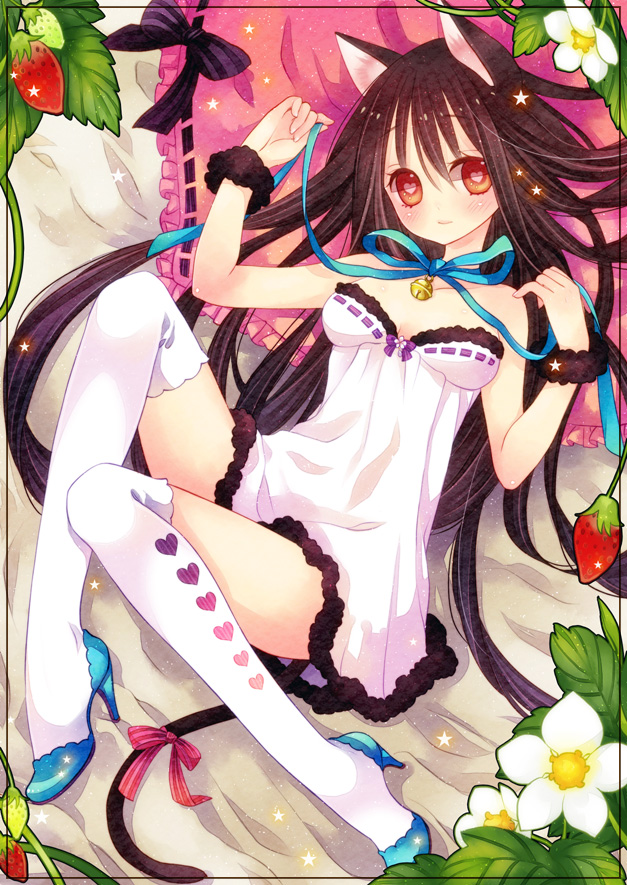 animal_ears bare_shoulders bell blush brown_eyes brown_hair chemise fuyu_mochi heart heart-shaped_pupils high_heels jingle_bell long_hair original ribbon shoes solo symbol-shaped_pupils tail thigh-highs thighhighs zettai_ryouiki