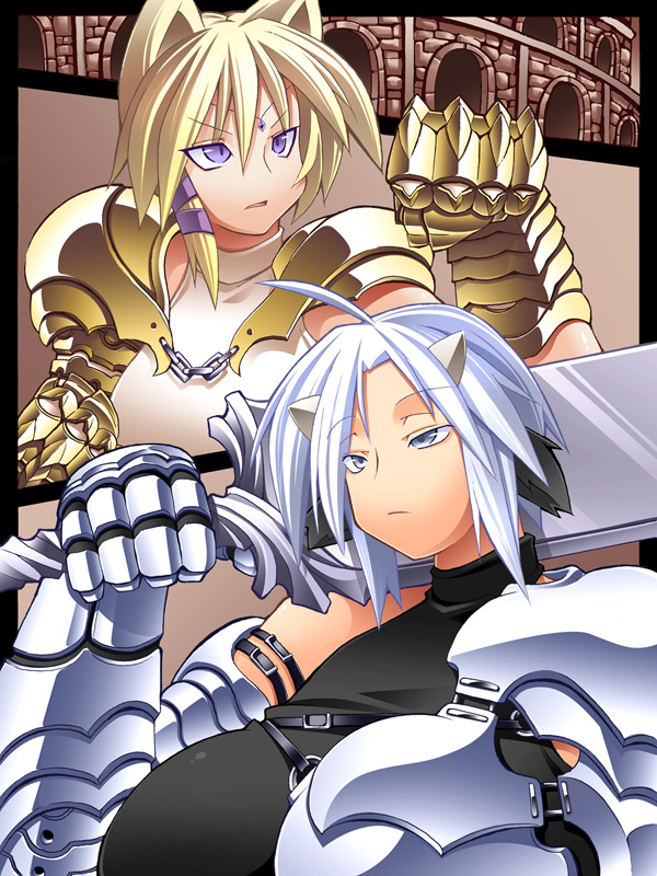 2girls animal_ears armor blonde_hair breasts colosseum cow_ears fighting_stance fist fox fox_ears gauntlets grey_eyes horns huge_breasts multiple_girls original purple_eyes short_hair silver_hair sleeveless sleeveless_turtleneck sword turtleneck ushi violet_eyes weapon