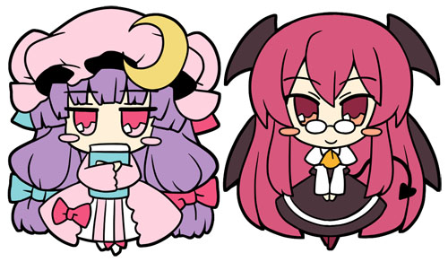 akaneya bad_id bat_wings bespectacled blush_stickers book chibi crescent crescent_moon demon_tail glasses hat head_wings koakuma lowres multiple_girls patchouli_knowledge pink_eyes purple_hair red_eyes red_hair redhead smile tail the_embodiment_of_scarlet_devil touhou v_arms wings
