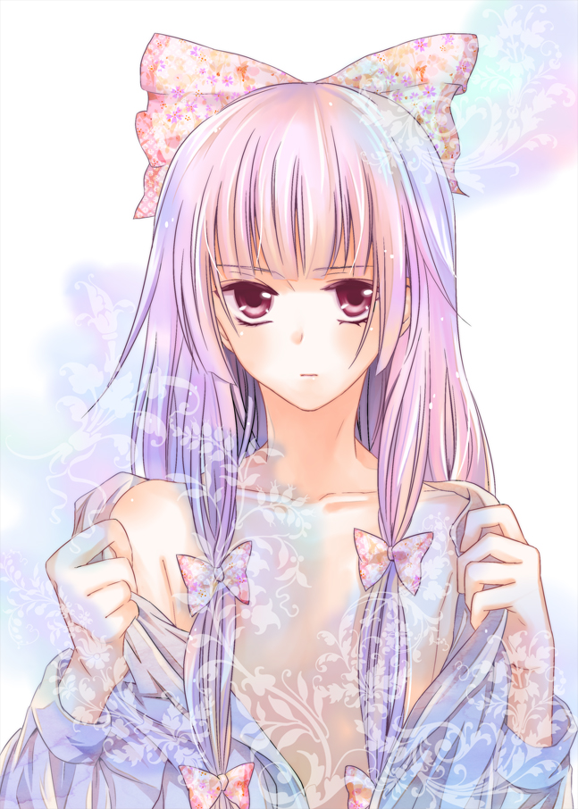 bust fujiwara_no_mokou hair_ribbon lavender_hair long_hair purple_eyes ribbon shirt solo touhou undressing violet_eyes white_shirt yuta_(ricochetsmain)