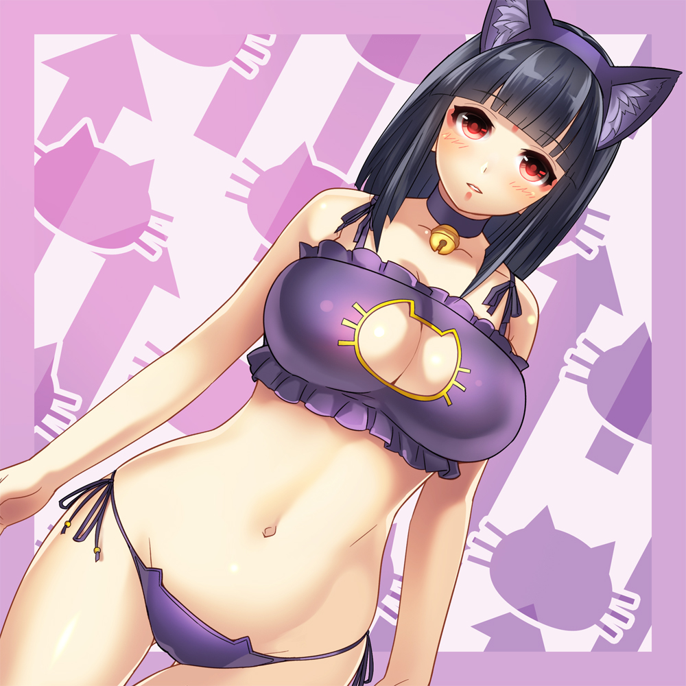 1girl alternate_costume animal_ears arrow ass_visible_through_thighs bangs beatmania beatmania_iidx bell bell_choker black_hair blunt_bangs blush border breasts cat cat_cutout cat_ear_panties cat_ears cat_lingerie choker cleavage_cutout cowboy_shot dutch_angle eyebrows eyebrows_visible_through_hair fake_animal_ears groin hairband hinazuki_ririna jingle_bell km_(km517) large_breasts looking_at_viewer navel panties purple_border purple_panties side-tie_panties silhouette solo stomach string_panties thigh_gap underwear underwear_only