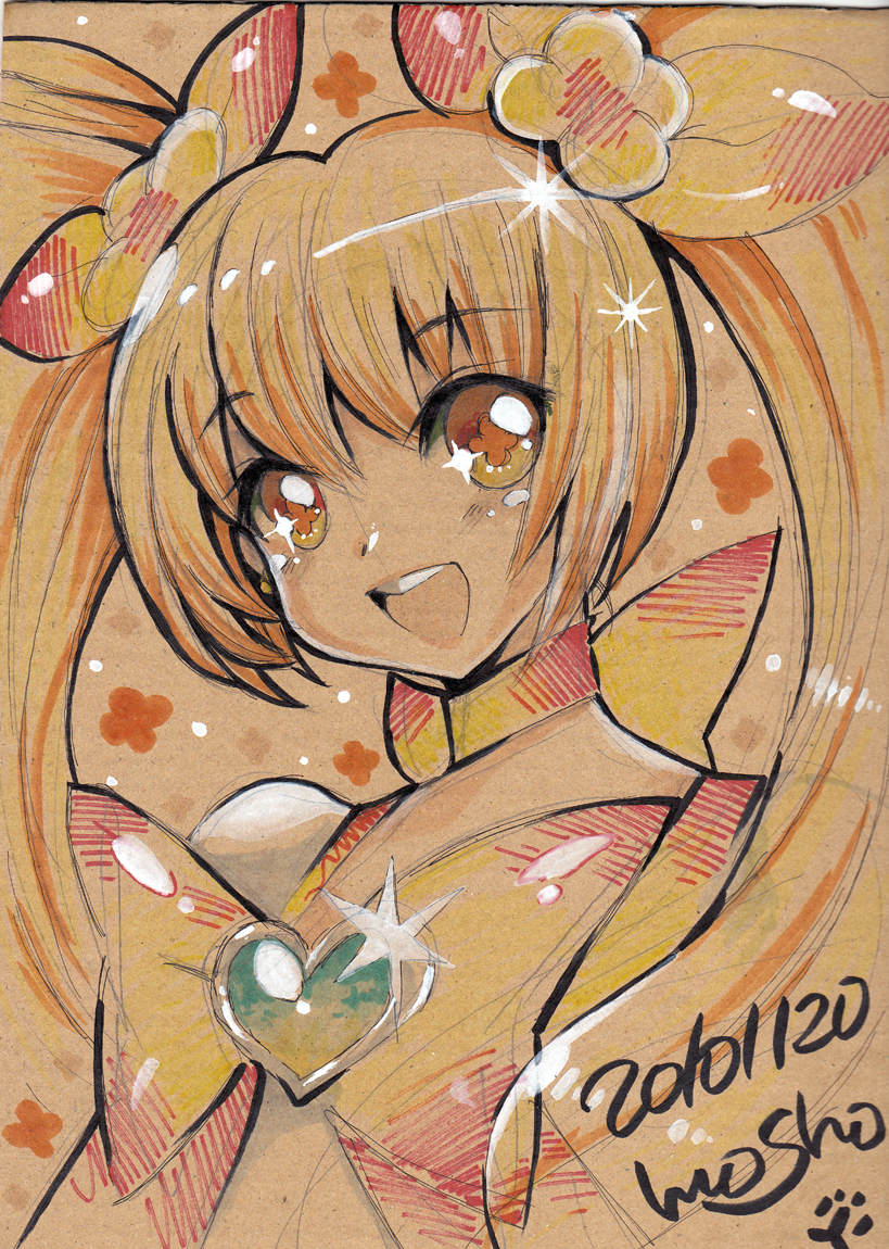 2010 blonde_hair cure_sunshine dated face heart heartcatch_precure! magical_girl mosho myoudouin_itsuki open_mouth precure sepia signature smile solo symbol-shaped_pupils traditional_media twintails watercolor_(medium) yellow_eyes