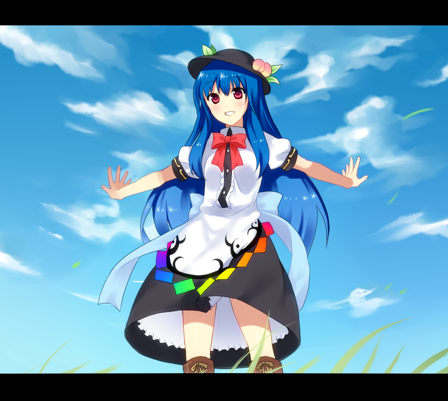 blue_hair bowtie dress food fruit garigarigari grin hat hinanawi_tenshi letterboxed long_hair outstretched_arms peach petticoat red_eyes sky smile spread_arms touhou