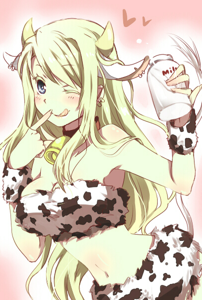 :q animal_costume animal_ears armpits bad_id bare_shoulders bell blonde_hair blue_eyes bottle breasts cleavage cow_costume cow_ears cow_horns cow_print earrings finger_to_mouth fullmetal_alchemist holding horns jewelry kemonomimi_mode leaning_forward long_hair midriff milk mitsu_yomogi navel solo tail tongue wink winry_rockbell