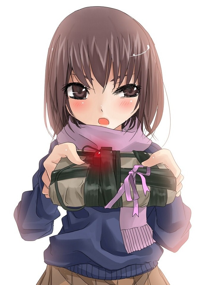 bomb brown_eyes brown_hair c4 commentary copyright_request gift holding holding_gift scarf simple_background solo terabyte_(rook777) valentine