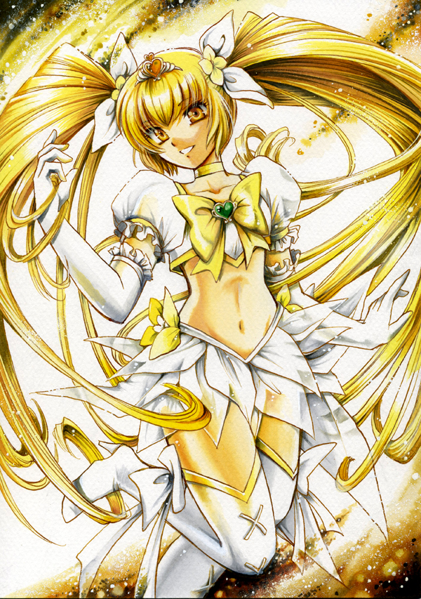 blonde_hair boots cure_sunshine elbow_gloves gloves hair_ribbon heart heartcatch_precure! long_hair magical_girl midriff myoudouin_itsuki myu-kimera navel precure ribbon skirt solo super_silhouette_(heartcatch_precure!) thighhighs traditional_media twintails yellow yellow_eyes