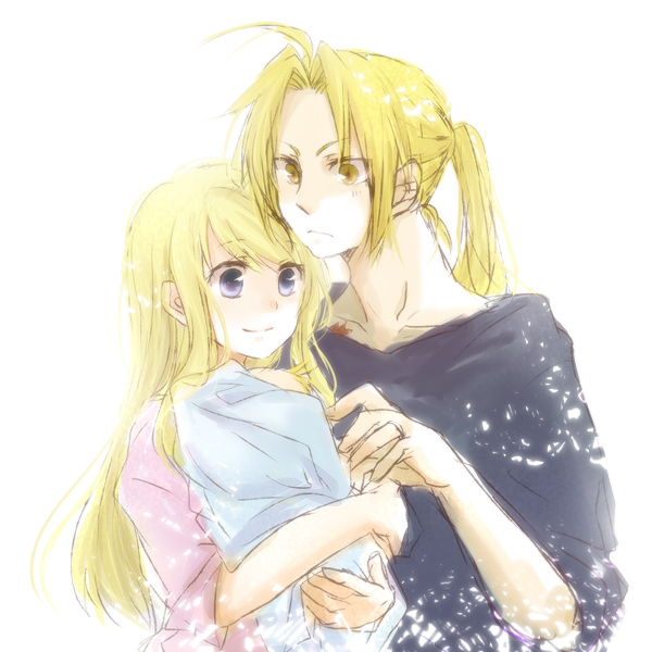 1girl baby bad_id blonde_hair blue_eyes braid couple edward_elric fullmetal_alchemist holding light long_hair ponytail scar smile tsukuda0310 winry_rockbell yellow_eyes