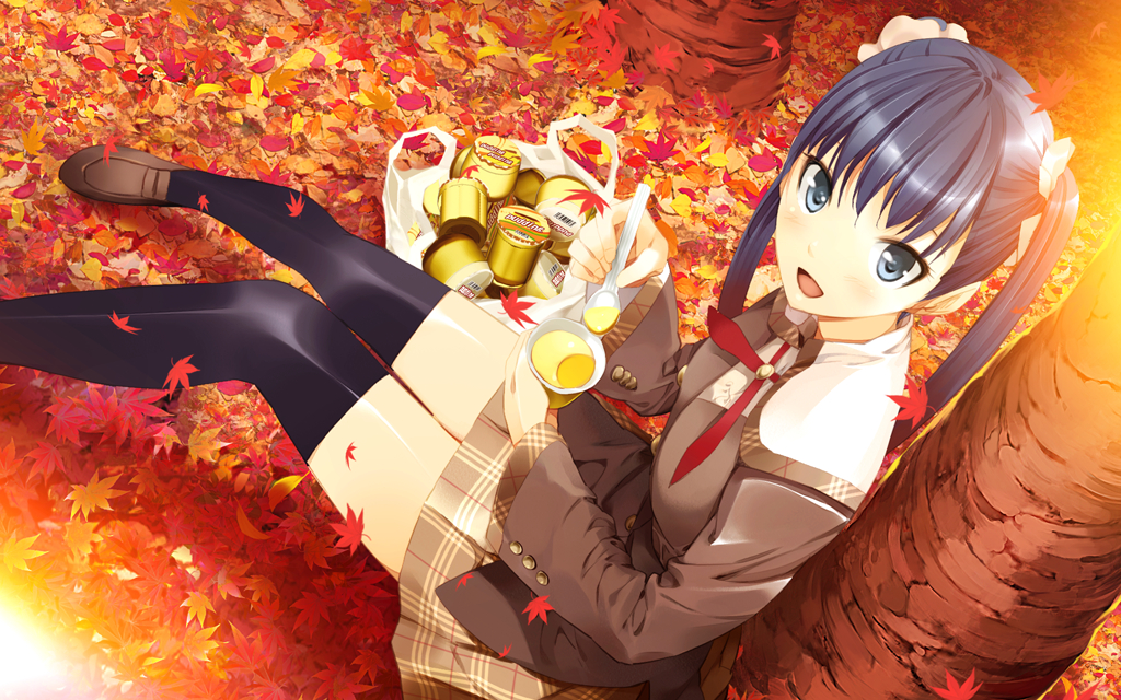 andou_saya autumn black_legwear blue_hair game_cg leaf loafers pudding school_uniform shoes solo thighhighs tree twintails ueda_ryou zettai_ryouiki