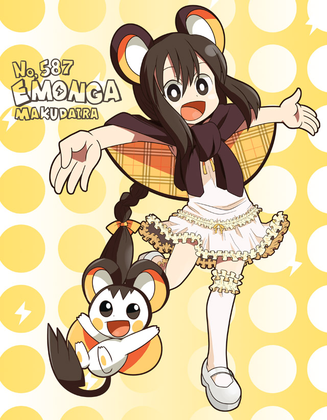 :d black_eyes black_hair emolga emonga emonga_(cosplay) frills hora_(hora06) moemon open_mouth outstretched_arms personification pokemon scarf smile spread_arms