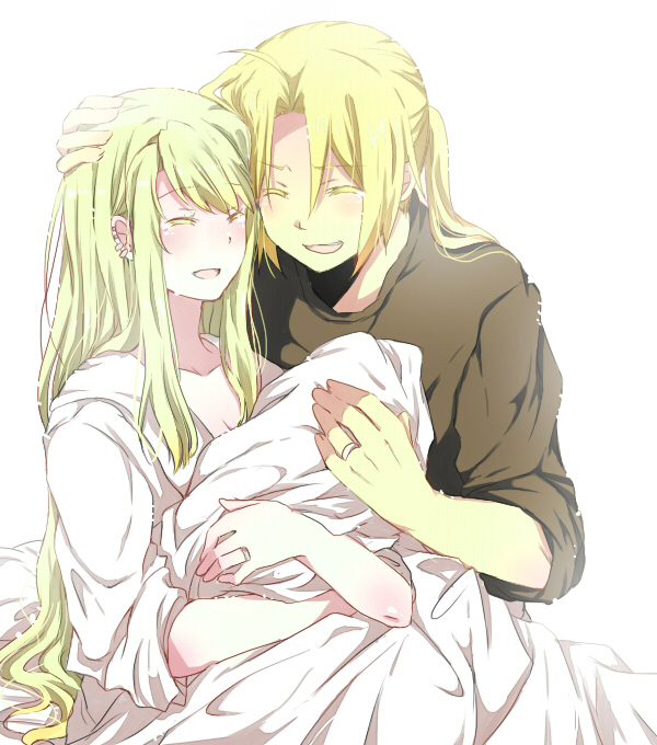 1girl baby bad_id blanket blonde_hair closed_eyes couple edward_elric eyes_closed fullmetal_alchemist happy holding jewelry long_hair mitsu_yomogi open_mouth pat ponytail ring simple_background sleeves_rolled_up smile tears wedding_ring winry_rockbell