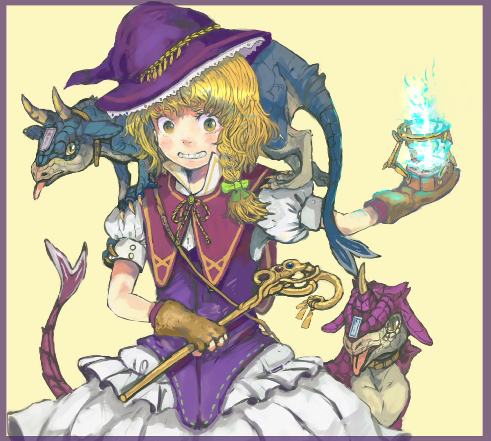 blonde_hair bow braid creature dress fingerless_gloves fire gloves gogo/tad grin hair_bow hat horns kirisame_marisa mini-hakkero rod short_sleeves smile solo touhou witch witch_hat yellow_eyes
