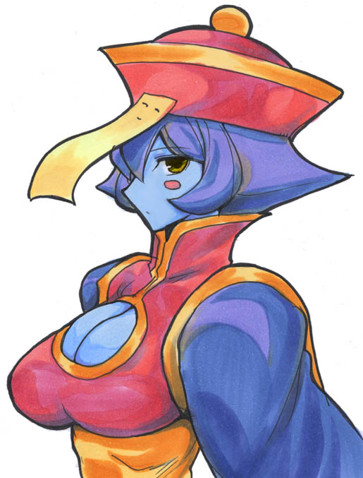 blue_skin breasts capcom cleavage cleavage_cutout darkstalkers hsien-ko jiangshi kikuta lei_lei mei_ling ofuda vampire_(game)