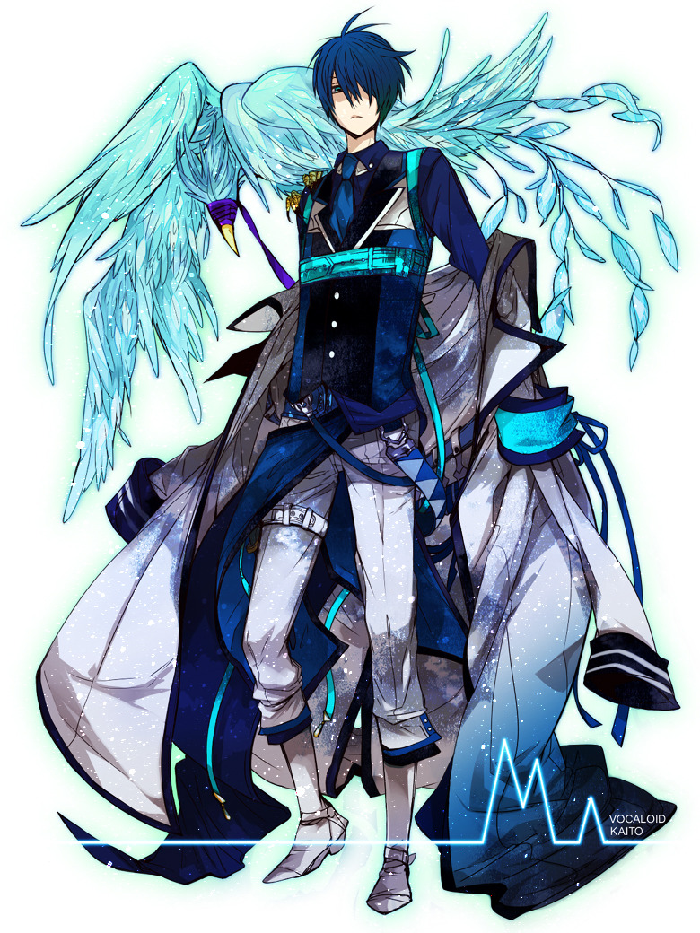 alternate_costume bird blue_eyes blue_hair coat hair_over_one_eye kaito m_(okomelody) male simple_background solo standing vocaloid