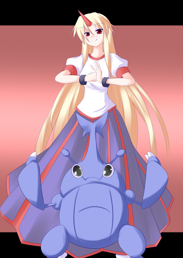 1girl blonde_hair bracelet crossover heracross horn horns hoshiguma_yuugi jewelry long_hair long_skirt miyo_(miyomiyo01) pokemon pokemon_(creature) red_eyes skirt smirk touhou very_long_hair