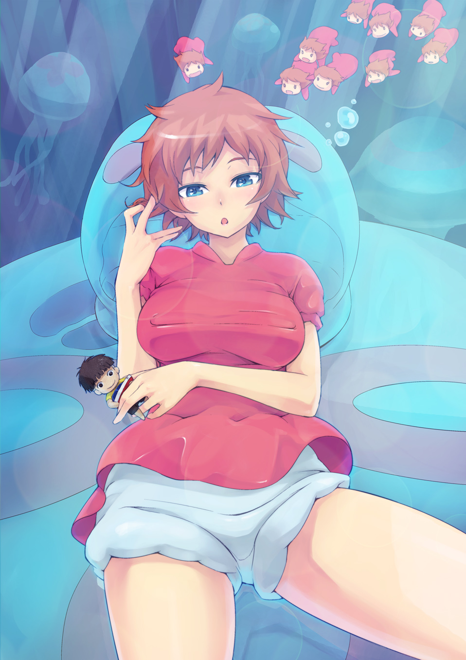 bad_id blue_eyes brown_hair character_doll child face gake_no_ue_no_ponyo hair_twirling highres jellyfish maeda_risou ponyo risoumaeda shorts sosuke underwater