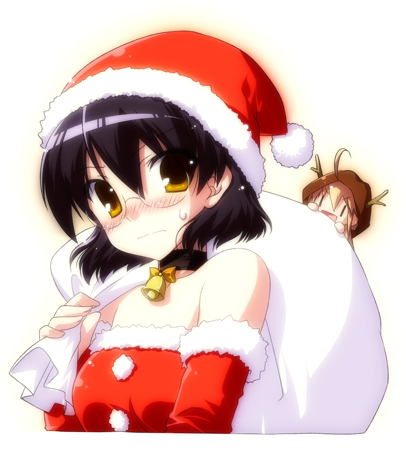 &gt;:) &gt;:d &gt;:| :d animal_costume bare_shoulders bell black_hair blush choker christmas glasses hat houkago_sensation! minigirl multiple_girls open_mouth reindeer_costume sack santa_costume santa_hat short_hair shouna_mitsuishi smile sweat wavy_mouth yellow_eyes |_|