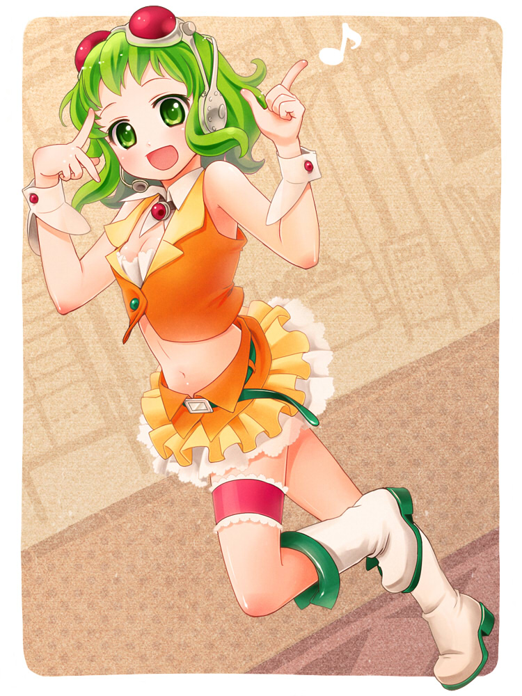 boots breasts cleavage dutch_angle garters goggles goggles_on_head green_eyes green_hair gumi headphones hima_(ab_gata) midriff musical_note navel open_mouth short_hair skirt smile solo standing standing_on_one_leg vocaloid wrist_cuffs