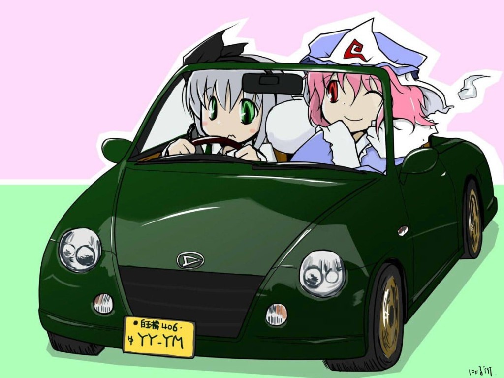 car daihatsu ghost green_eyes hair_ribbon hairband hat hitodama konpaku_youmu konpaku_youmu_(ghost) motor_vehicle myon nyorumachi pink_eyes pink_hair ribbon saigyouji_yuyuko short_hair silver_hair touhou vehicle wink