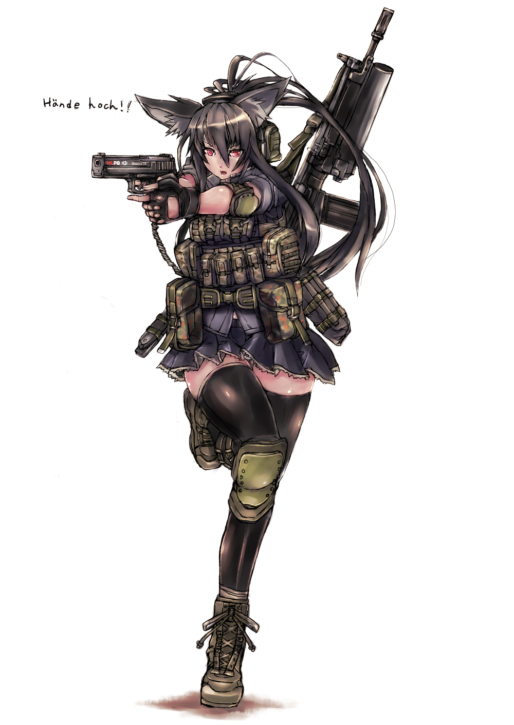 .45_acp 1girl 40mm_grenadier 7.62x51mm_nato assault_rifle bad_id battle_rifle black_hair boots camouflage combat_handgun elbow_pads fabrique_nationale female fingerless_gloves fn_fal g3 german gloves gp-25_kostya grenade_launcher gun h&amp;k_g3 h&amp;k_p8 h&amp;k_usp-45 handgun headset heckler_&amp;_koch highres hk_usp knee_pads load_bearing_vest operator original panzer pistol red_eyes rifle skirt solo standing text thighhighs translated usp weapon