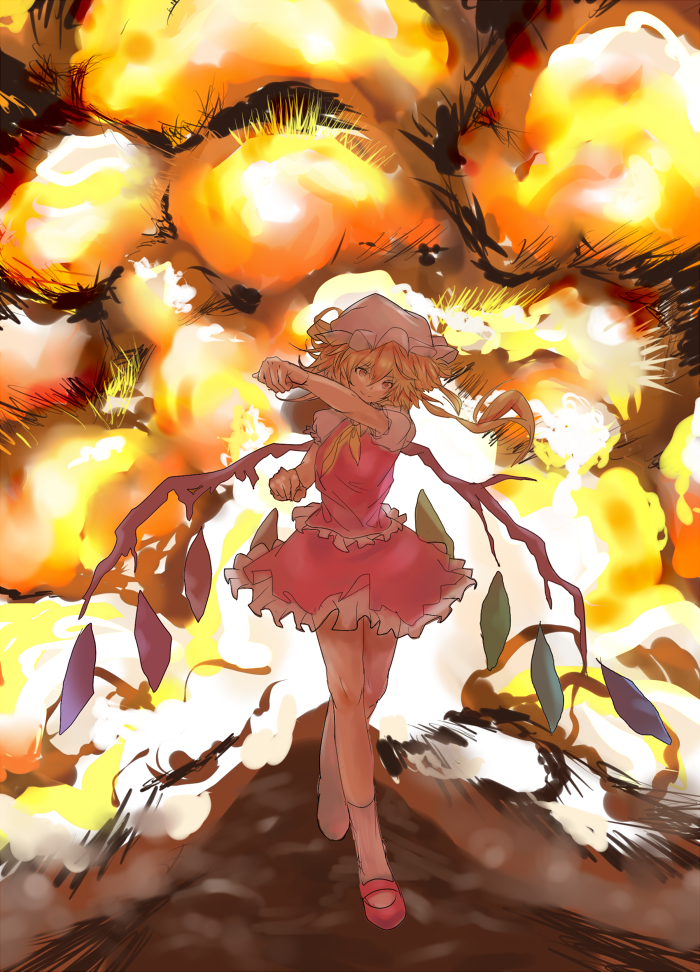 alternate_wings blonde_hair explosion flandre_scarlet hat ponytail red_eyes short_hair side_ponytail solo the_embodiment_of_scarlet_devil touhou unco_(f231057s) unco_(pixiv457393) wings